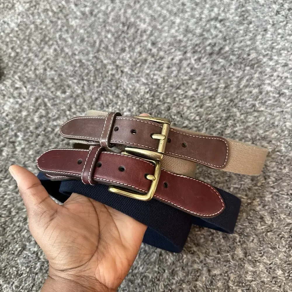 L.L. Bean Belt Men 42 Canvas Web Leather Trim Belt Brass Buckle 2 Lots Navy Tan
